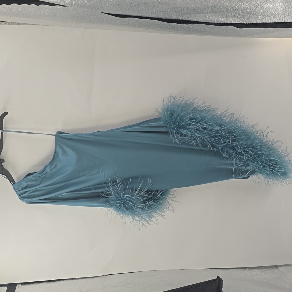 Hutch Asymmetrical Teal Dress with Feather Trim - Picture 5 of 11
